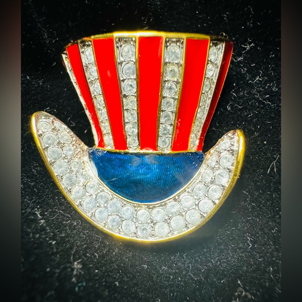 Kenneth Jay Lane KJL Uncle Sam Top Hat July 4th Brooch KJL enamel crystal MINT!